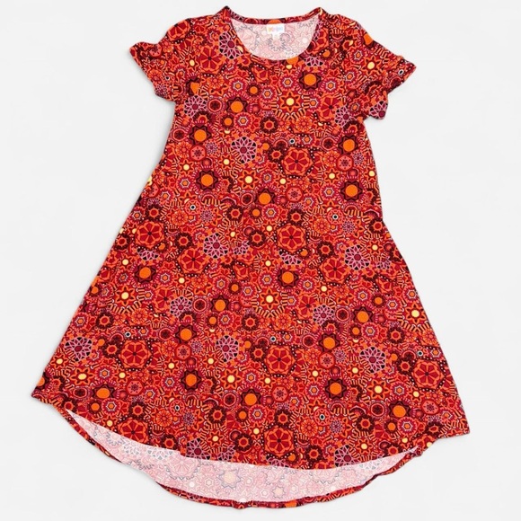 LulaRoe “Carly” Orange and Red Geometric Floral Kaleidoscope High-Low Dress - Picture 1 of 6
